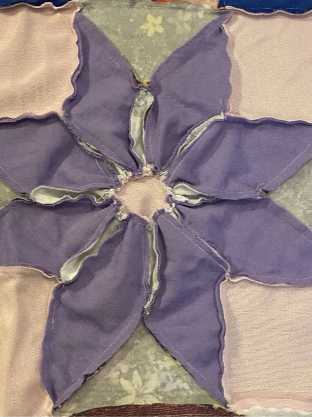 Vtg 70s Polyester Quilt Topper 87x87 Hand Stitched Dahlia Star Flower Retro